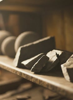 a shelf with several different types of stoneware