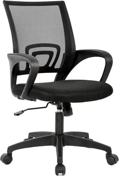 a black office chair with a black mesh back and a black mesh back