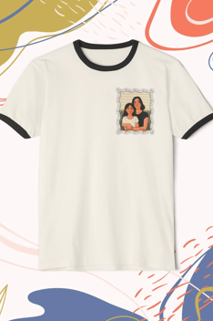 Printed custom illustrated merch featuring AI-generated art of mother and daughter on a white t-shir