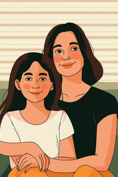 Custom AI-generated vector-style illustration of mother and daughter, hand-finished in Lili’s signat