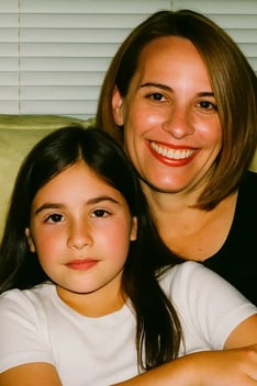 Mother and 10-year-old daughter smiling together in an early 2000s photo, capturing a nostalgic fami