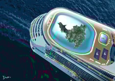 Digital illustration of a cruise ship carrying St. Martin in a pool deck, futuristic concept art by