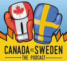 Canada versus Sweden podcast logo: two boxing gloves, 1 Canadian flag design, 1 Swedish flag design