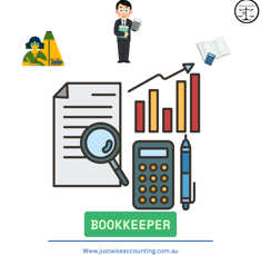 Bookkeeper graphic with calculator, documents, and graphs.