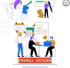 Payroll officer illustration with people working and financial elements.