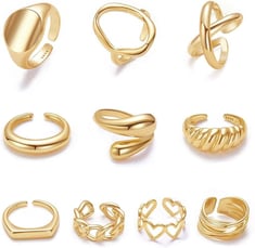 10PCS Gold Dome Chunky Rings for Women 18K Gold Plated Braided Twisted Round Signet Rings Adjustable