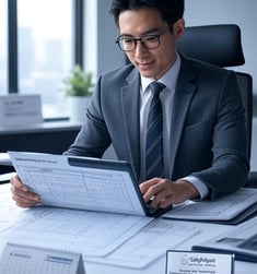 a man in a suit and tie is sitting at a desk