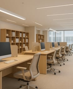 Spazio ufficio open space moderno e luminoso, con arredi su misura progettato da BRB Engineering