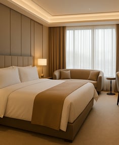 Camera d’albergo moderna con arredi su misura, realizzata da BRB Engineering nel settore hospitality