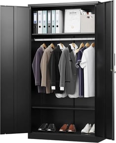 a closet with a cabinet and a coat rack