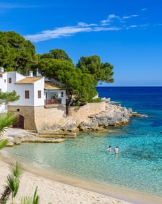 Mallorca. a beach with a house and a palm tree