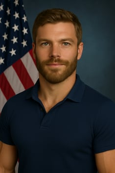 A confident and professional man standing in front of the U.S. flag, symbolizing leadership and service