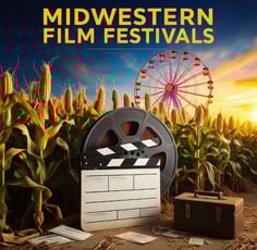 Midwest Film Festivals Text, Image of corn field, film reel and ferris wheel