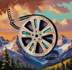 Film reel with mountain range as a backdrop