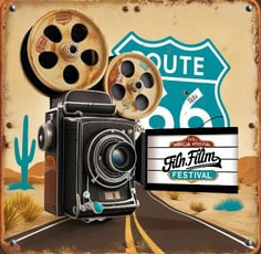 Camera and 2 film reels on Route 66