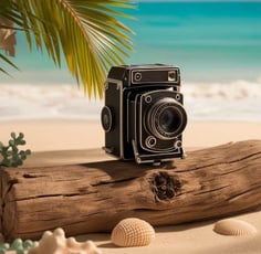 Camera on a log with the ocean as a backdrop