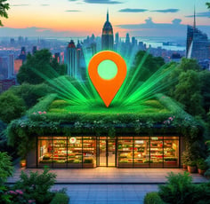 a building with a green roof and a map pinpoint pin overlooking nyc