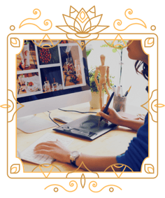 a woman working on a digital tablet and computer in a victorian frame