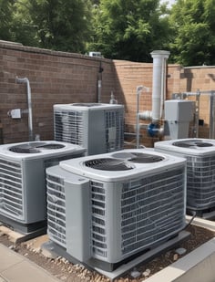 Numerous air conditioning units are densely packed on the exterior wall of a multi-story building. The image shows a very urban setting, with a grid-like arrangement of metal platforms supporting the units. Adjacent to this setup is a zigzagging metal staircase, leading to various floors of the building. The overall appearance is industrial and cluttered.