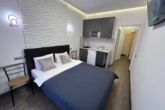 a bedroom with a bed and a kitchenette