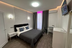 a bedroom with a bed and a television