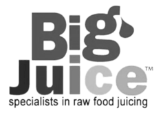 Logo of Big Juice, specialists in raw food juicing, with bold text and water droplet design.