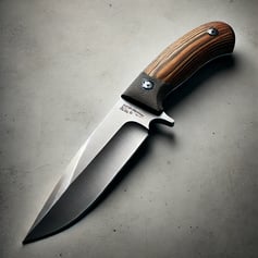 a fixed bladed knife blade with wooden handle