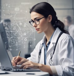 A female doctor working on analytics on her laptop