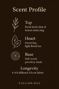 Scent chart with fresh herb top, hay heart, soft wood base, 4-6h diffusion, 8h fabric life