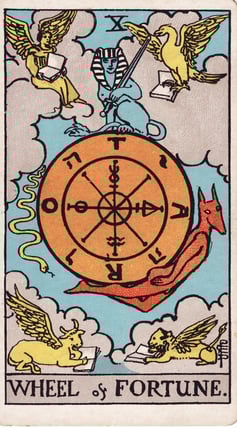 uma carta de tarô mostra uma roda da fortuna e símbolos, incluindo os 4 elementos