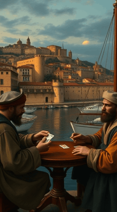Cena antiga de dois marinheiros franceses jogando cartas no cais de uma cidade como Marselha
