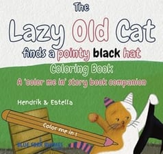 lazy old cat finds a pointy black hat story colouring book