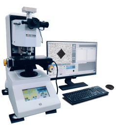 Micro Vickers hardness testing machine alongside software interface for precision material analysis