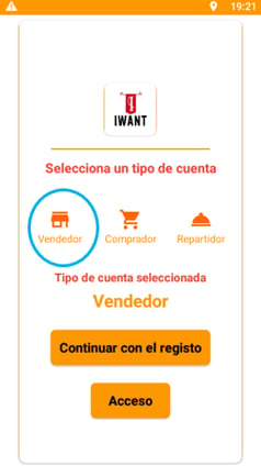 Representación gráfica de la aplicación de IWant para el registro de un vendedor o tienda