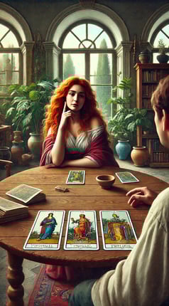 um rapaz lê as cartas de tarõ sobre a mesa para a jovem à sua frente
