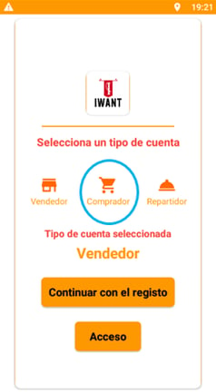 Representación gráfica de la aplicación de IWant para el registro de un cliente