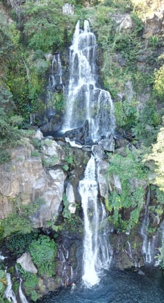 a waterfall in the middle of a lush green forest