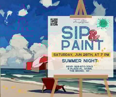 a sign board with a painting of a beach scene