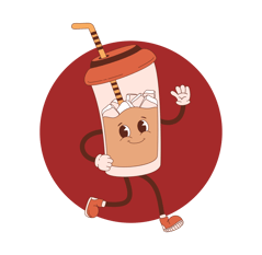 a cartoon character holding a drink in a cup