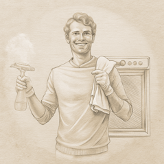 a man holding a towel and a cleaning bottle