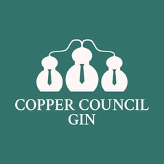 Copper Council stacked logo. Outlines of three stills with ties, with the text "Copper Council Gin" beneath.