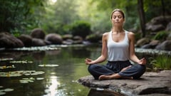 A woman meditating in the jungle by a pond. Mindfulness.