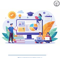 Cartoon illustration of people working on computers, surrounded by books and a graduation cap, promo