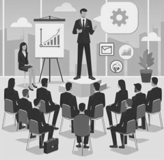 Illustration of a seminar in a corporate office setting.