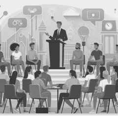 Illustration of a college talk session with students and a speaker in a lecture hall.