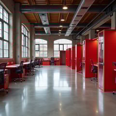 open space with work stations and red walls