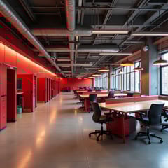 industrial open space with red phonebooths and concrete floor