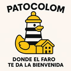 a cartoon ducky PATOCOLOM with a lighthouse Portocolom in the background