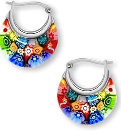 Colorful Murano Style Millefiori Glass Hoop Bohemean Earrings.