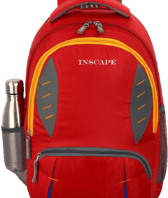 a red school bag with yellow zipper and stitching design